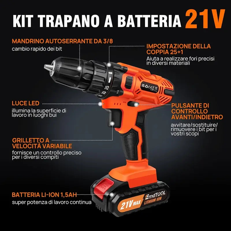 Trapano elettrico multifunzione 21V per uso domestico 3 modalità di lavoro 2 velocità di controllo velocità continua