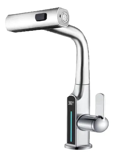 Miscelatore da Cucina 360° con Doccetta Estraibile, 3 Modalità di Getto e Display Digitale della Temperatura – Acciaio Inox