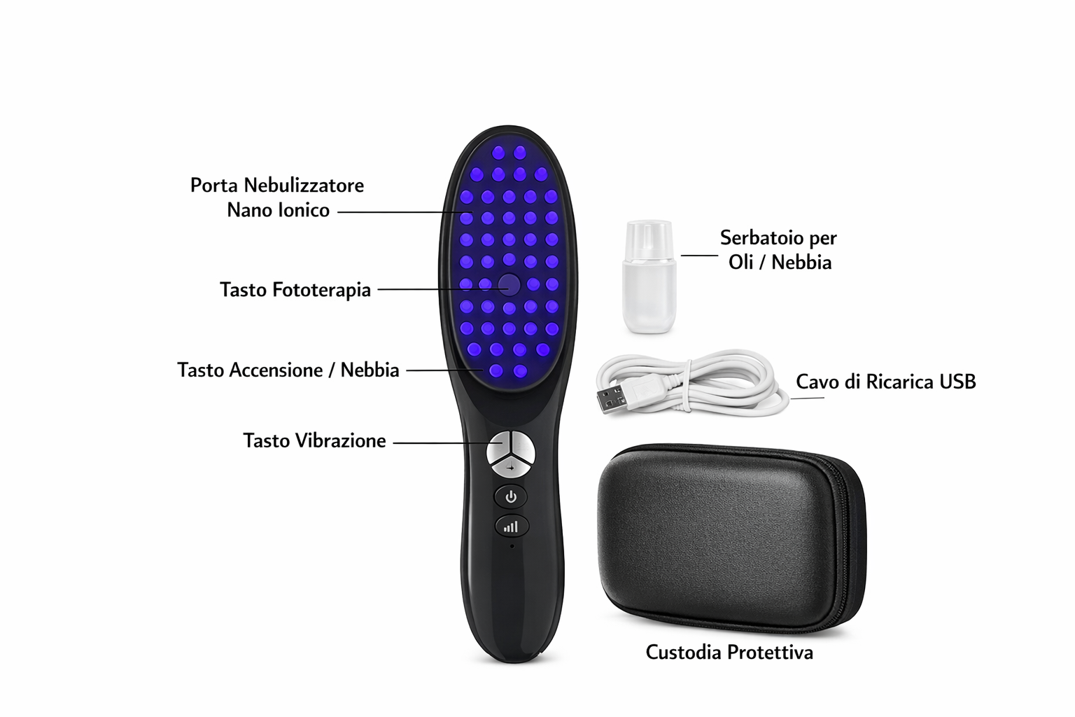Spazzola Massaggiante 4‑in‑1 per la Crescita dei Capelli – Nano Mist, Fototerapia, Vibrazione