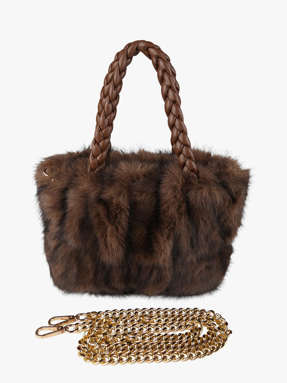 Solada Borsetta donna in pelliccia sintetica con doppi manici intrecciati - nero