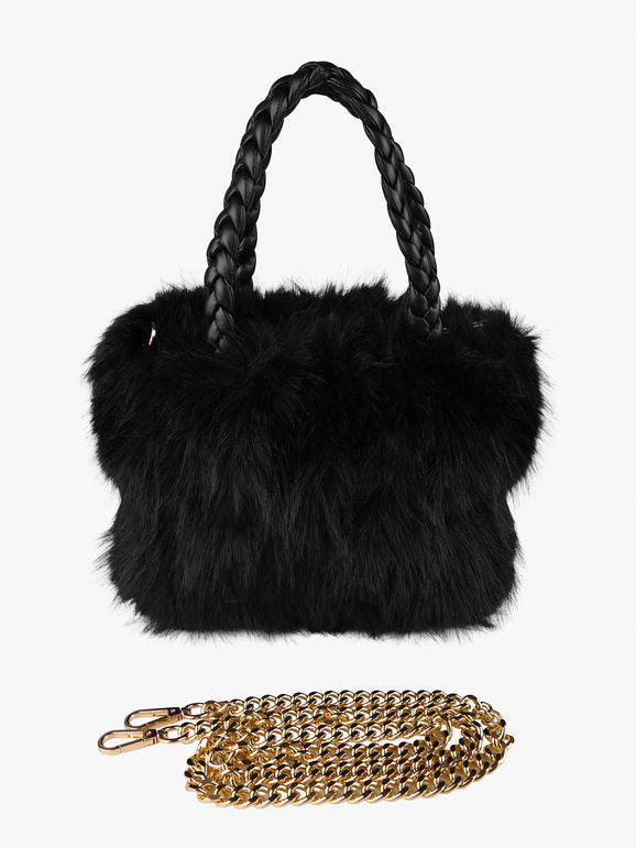 Solada Borsetta donna in pelliccia sintetica con doppi manici intrecciati - nero
