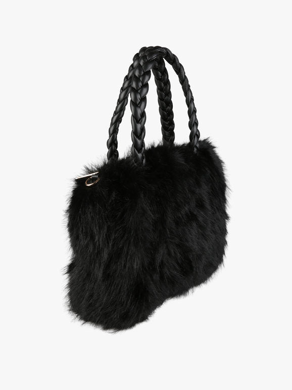 Solada Borsetta donna in pelliccia sintetica con doppi manici intrecciati - nero