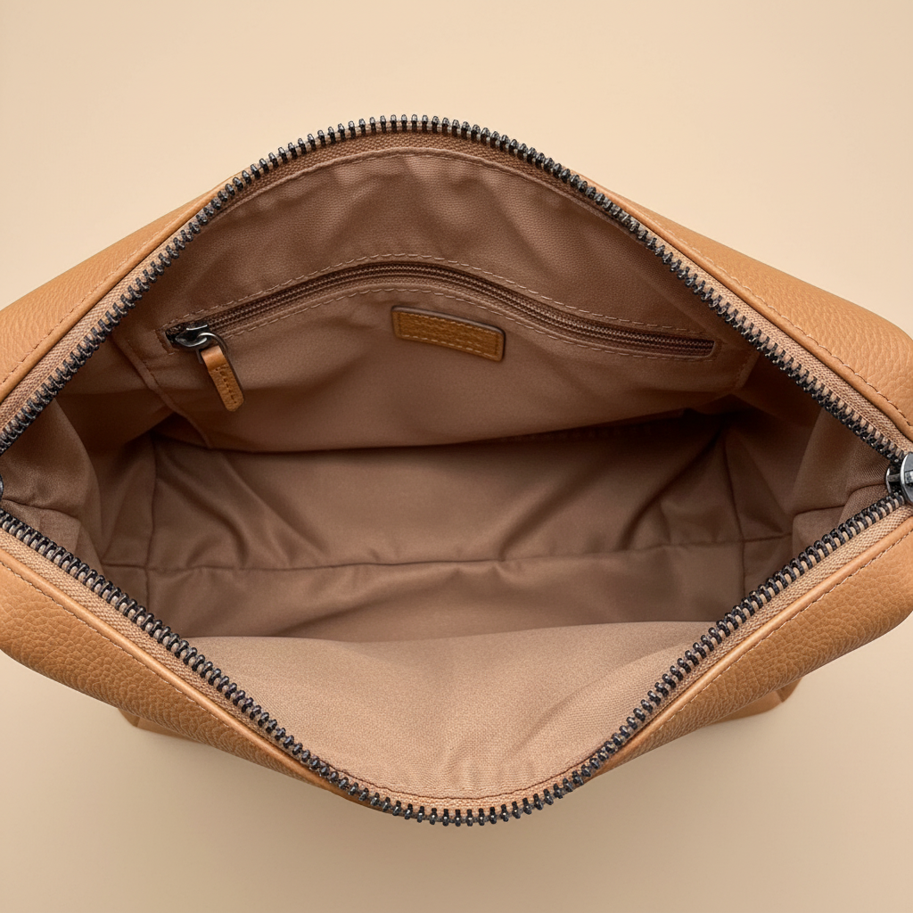 Borsa a spalla camel vista interna fodera marrone