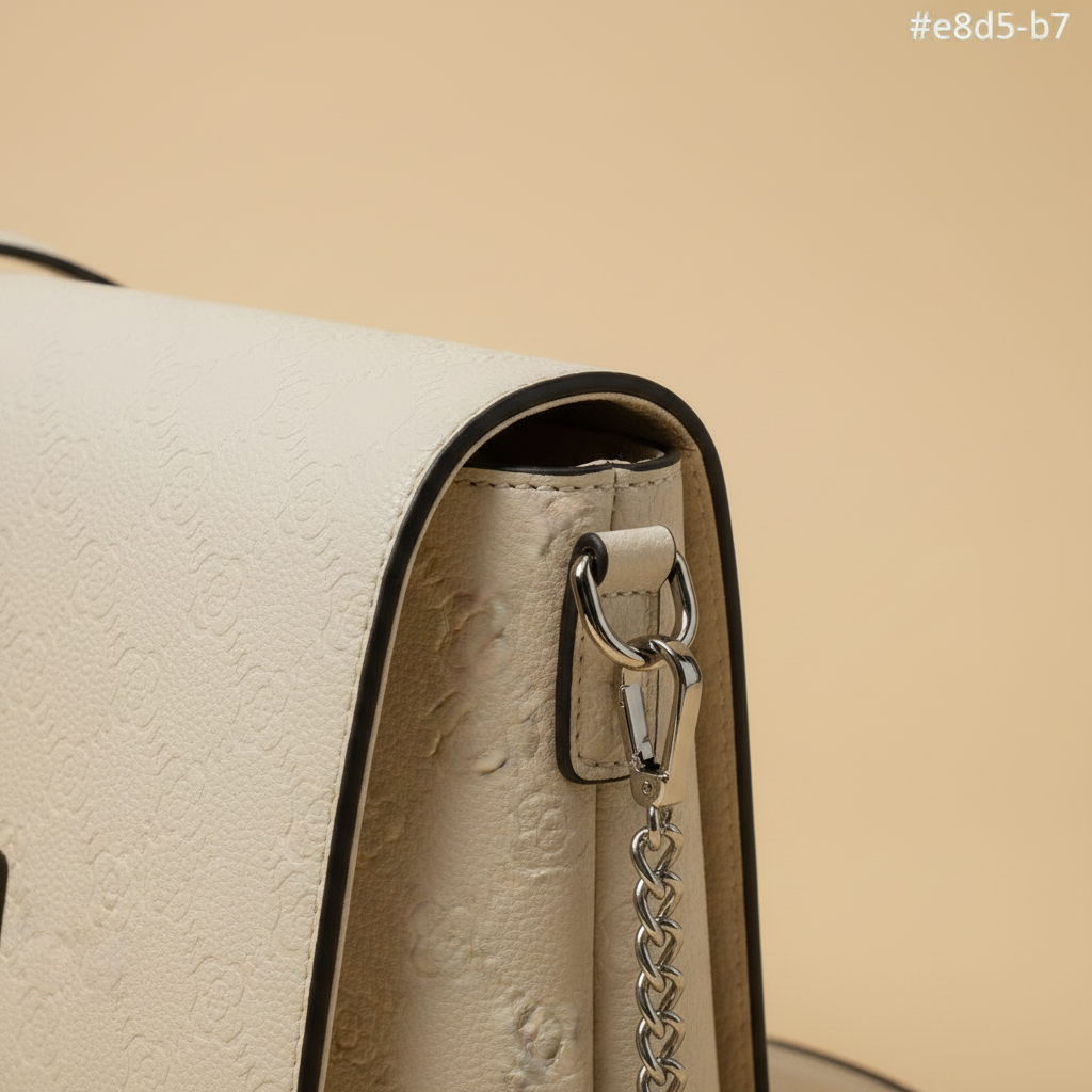 Macro dettaglio texture floreale e hardware - borsa crossbody ecopelle avorio