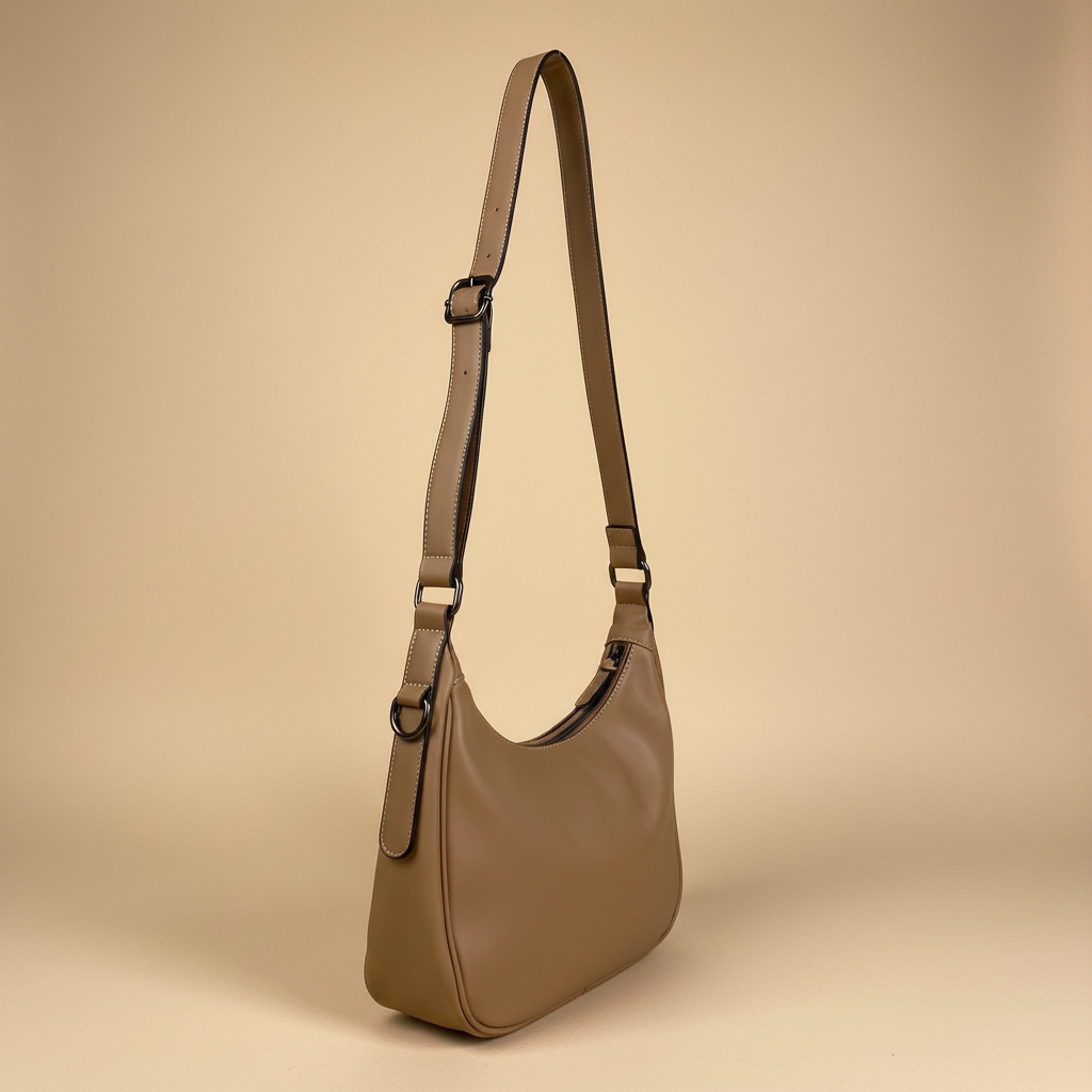 Borsa a spalla camel vista laterale anello D gunmetal