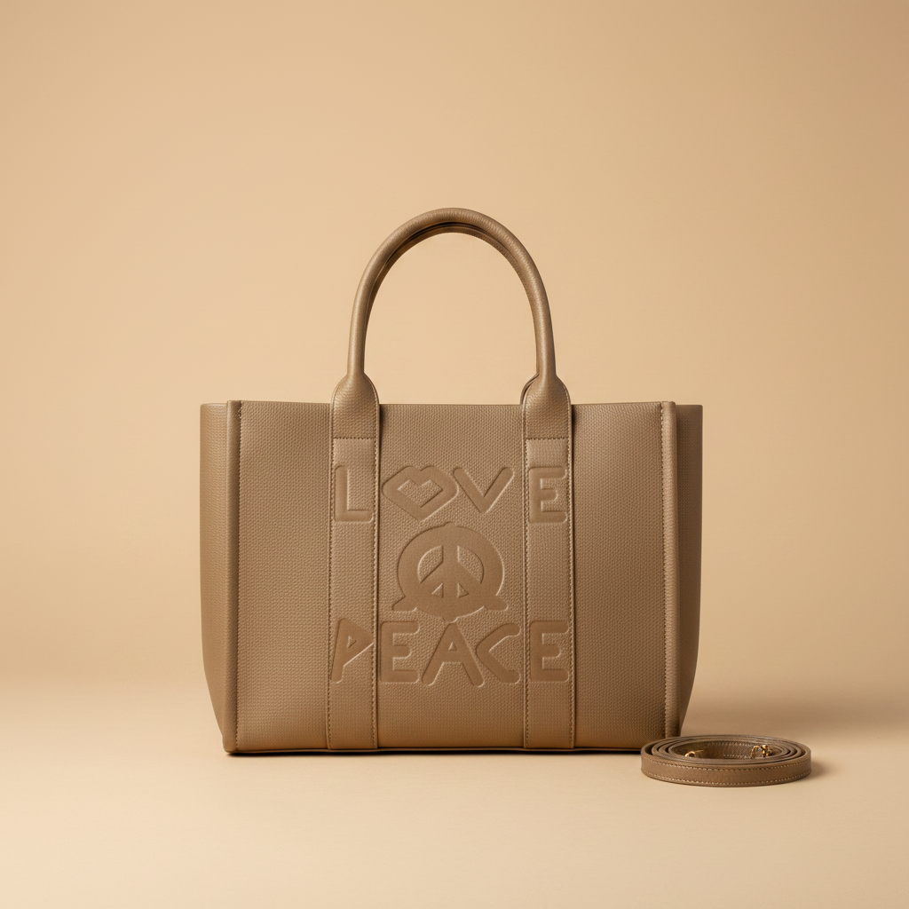 Borsa a Mano My Bag Collection Ecopelle Oro Love Peace in Rilievo su sfondo beige