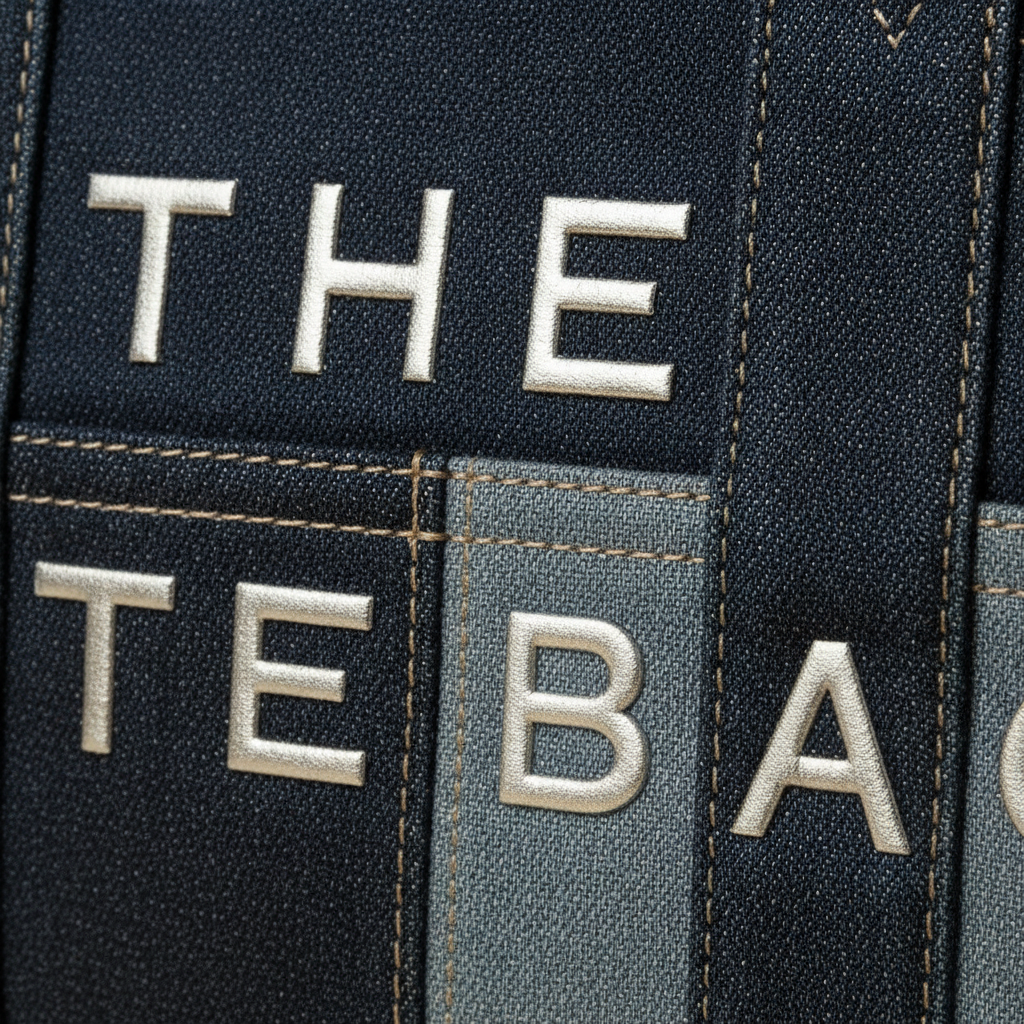 Macro dettaglio lettere in rilievo e tessuto denim - tote bag