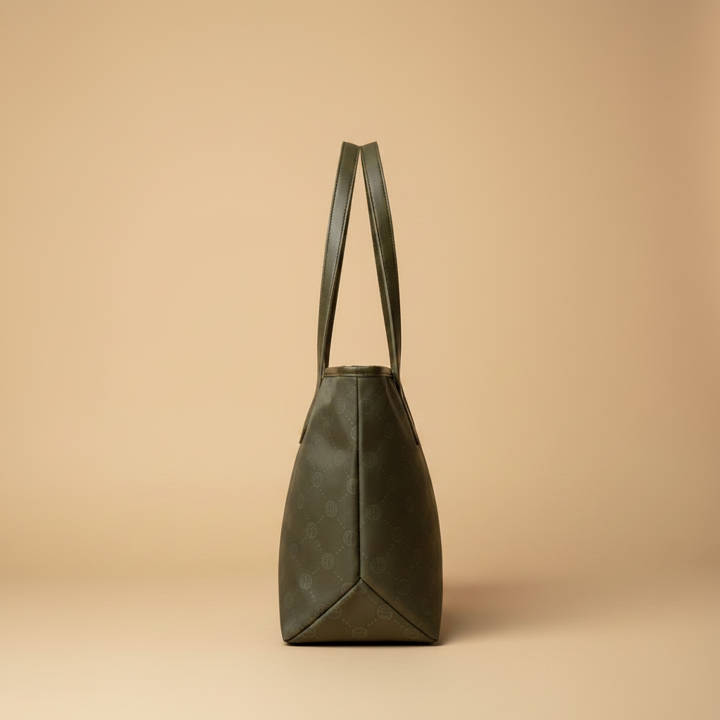 Vista laterale profilo - borsa tote Coveri World verde militare monogram
