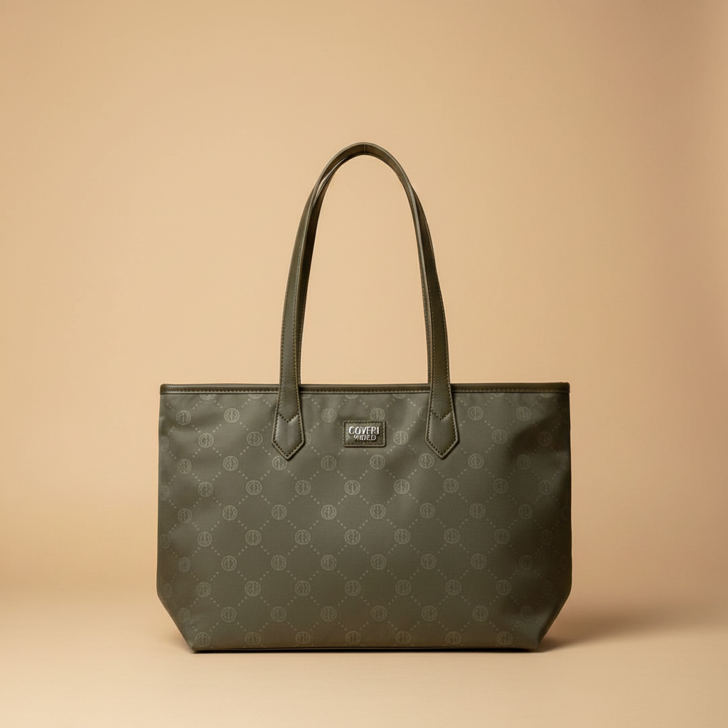 Borsa Tote Coveri World Nylon Verde Militare Monogram su sfondo beige