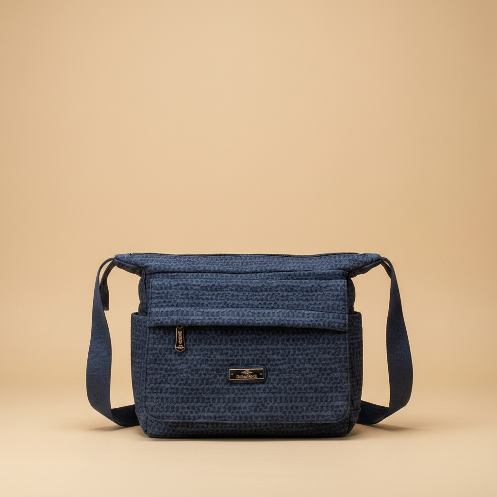 Borsa a Tracolla Charro Tessuto Intrecciato Navy Blue su sfondo beige