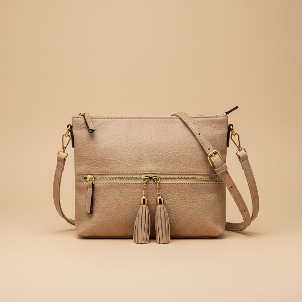 Borsa a Tracolla Just Glamour Ecopelle Beige con Nappine Dorate su sfondo beige