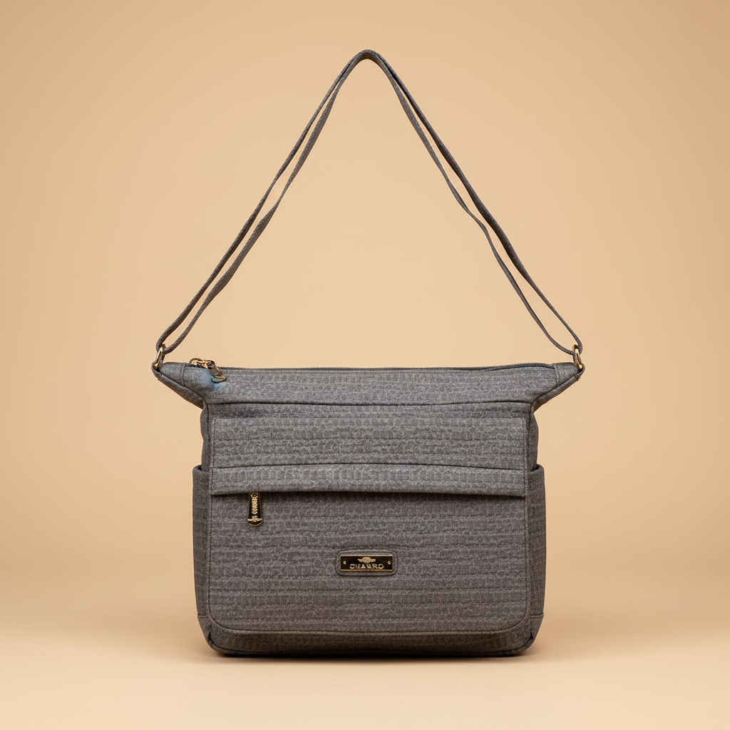 Borsa a Tracolla Charro Tessuto Intrecciato Grigia su sfondo beige