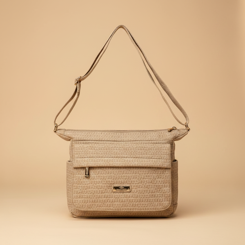 Borsa a Tracolla Charro Tessuto Intrecciato Beige su sfondo beige