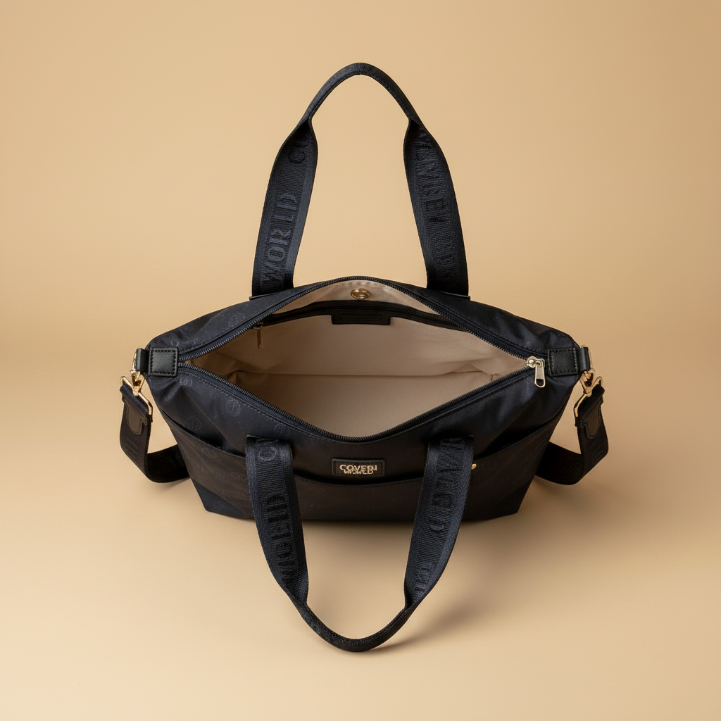 Vista zenitale aperta - borsa tote Coveri World navy blue monogram