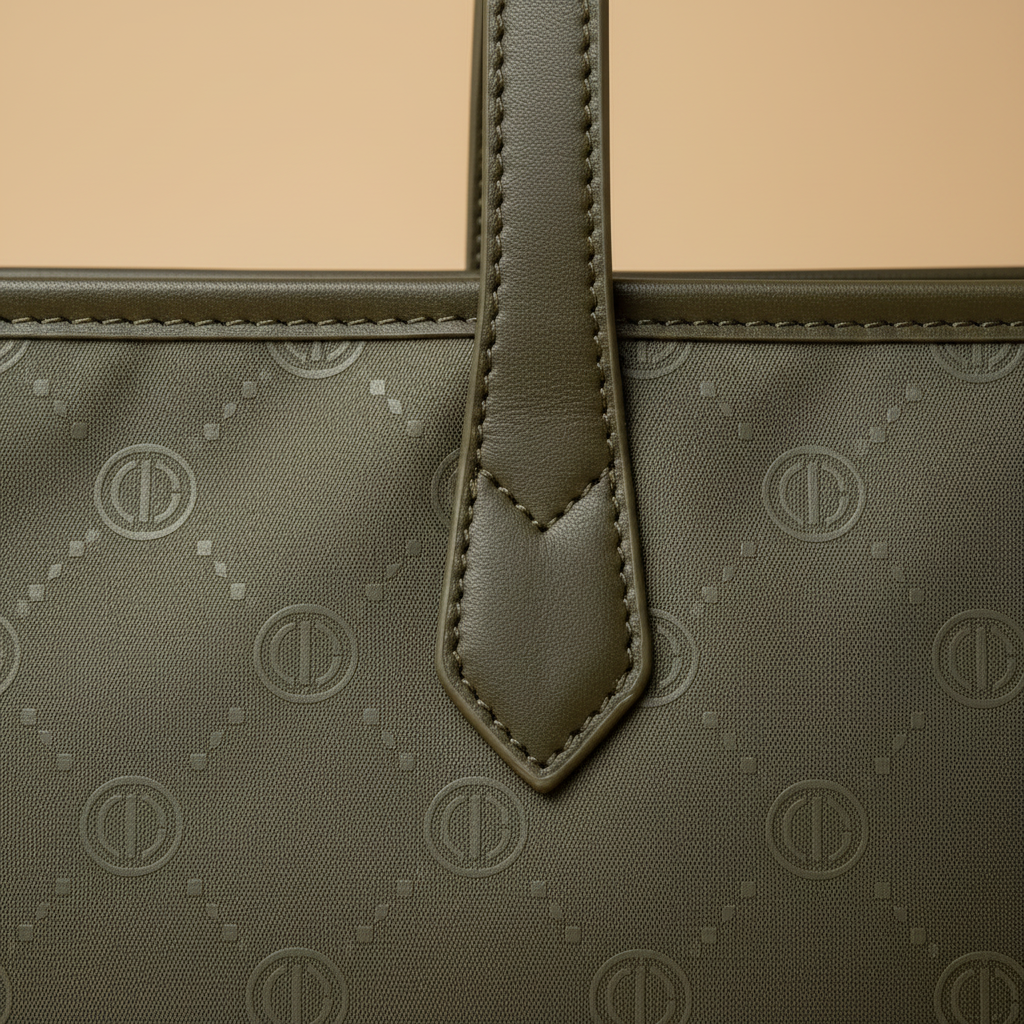 Macro dettaglio monogram e cuciture - borsa tote Coveri World verde militare
