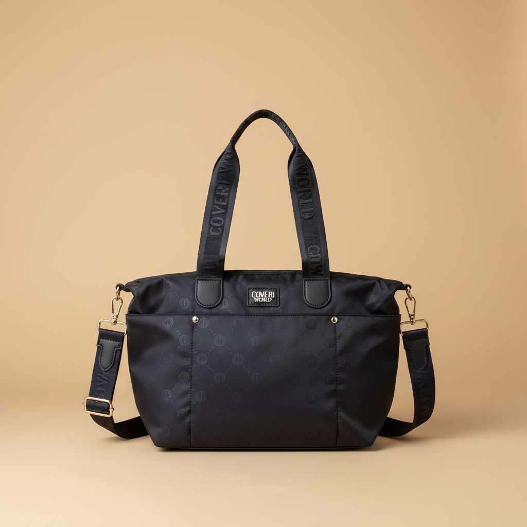 Borsa Tote Coveri World Nylon Monogram Navy Blue su sfondo beige