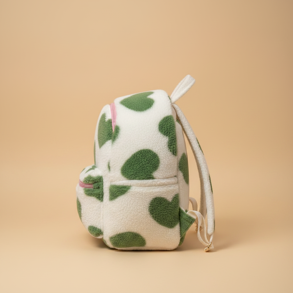 Zaino peluche floreale verde kawaii vista laterale