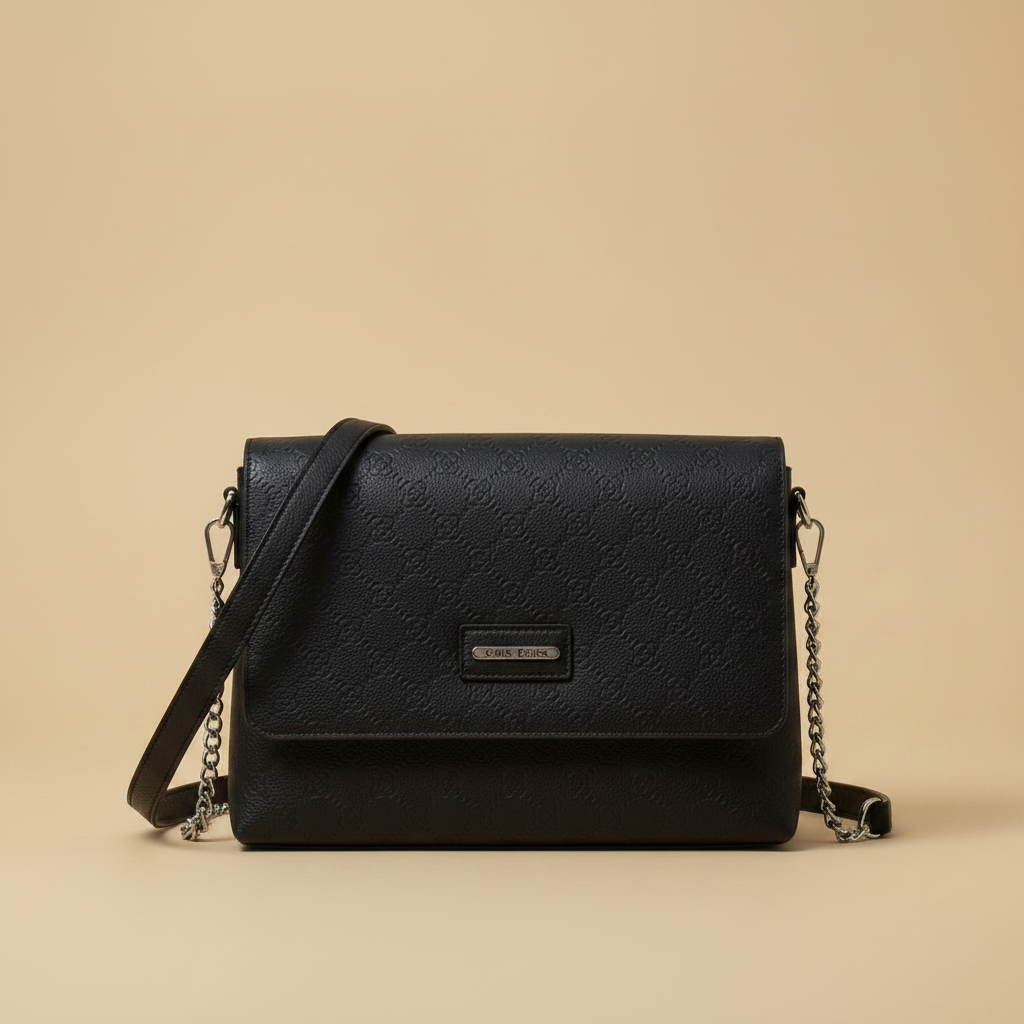 Borsa Crossbody Nera con Catena su sfondo beige