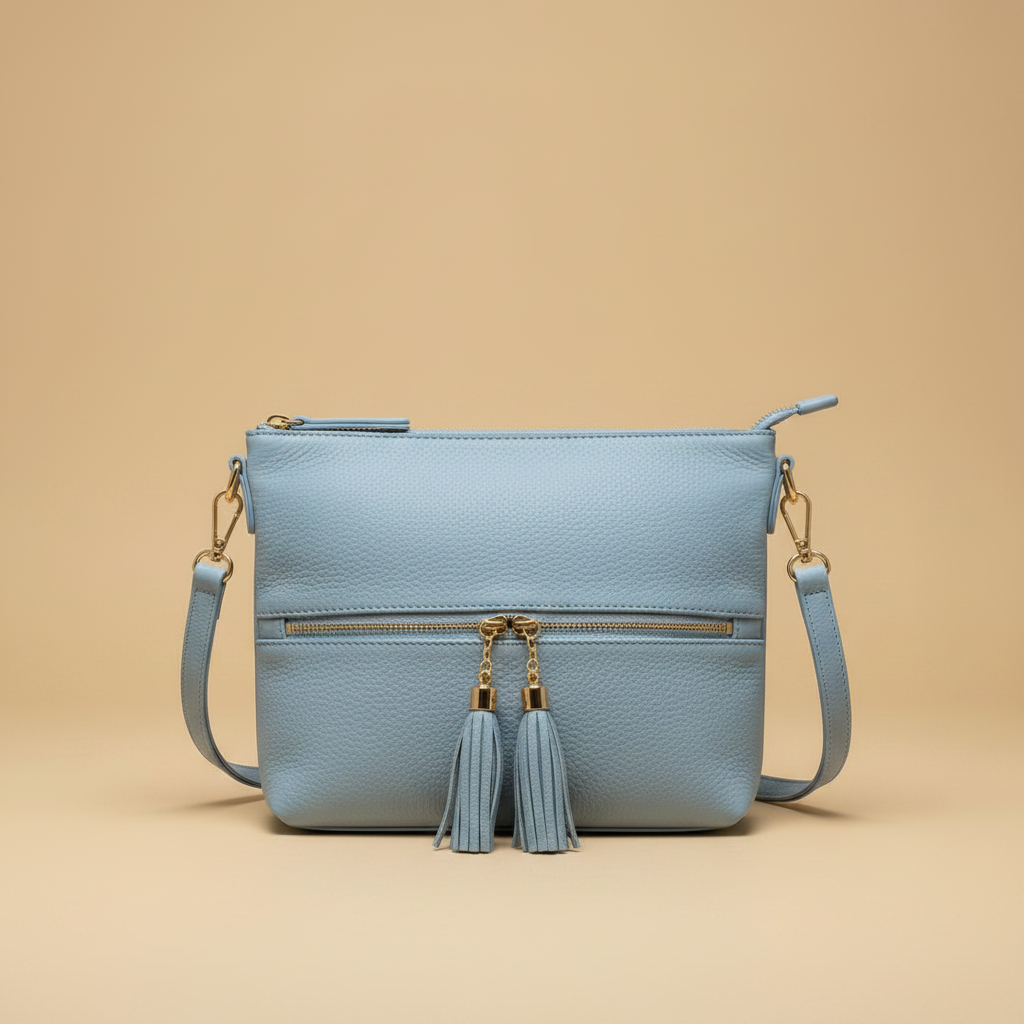 Borsa Crossbody con Nappine versione azzurra su sfondo beige