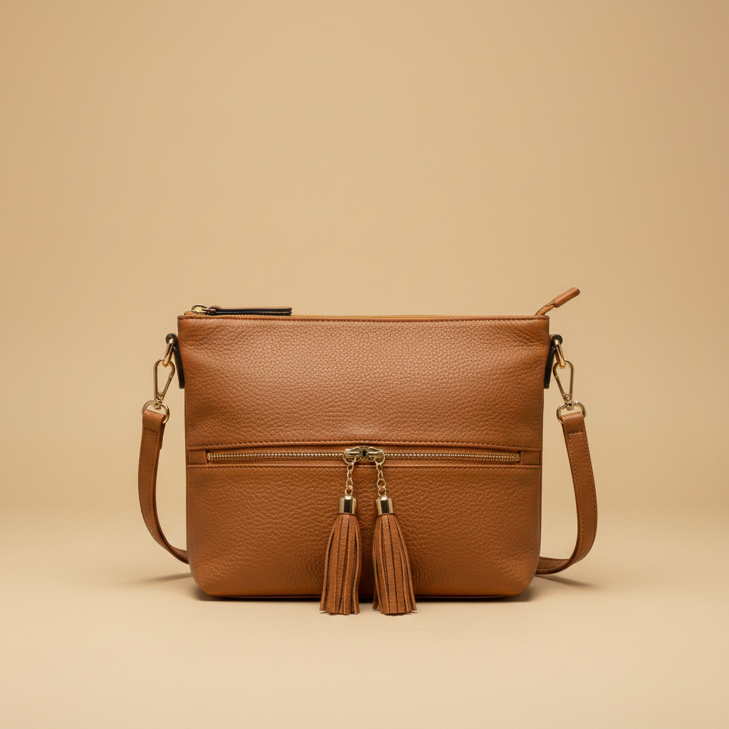 Borsa a Tracolla Just Glamour Ecopelle Marrone con Nappine Dorate su sfondo beige