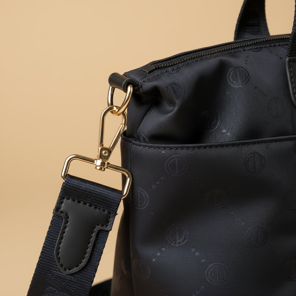 Macro dettaglio monogram e hardware - borsa tote Coveri World navy blue
