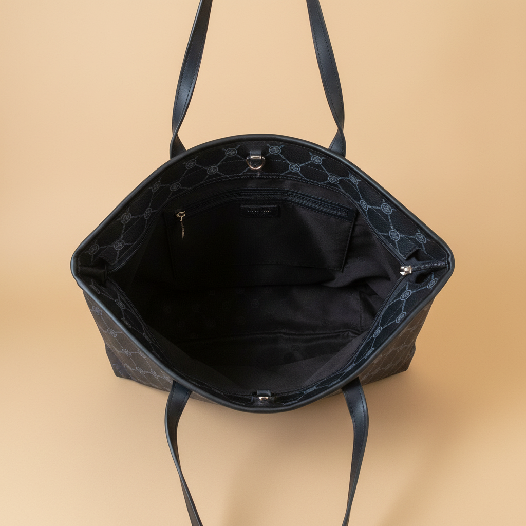 Coveri World tote bag blu navy vista interna fodera monogramma