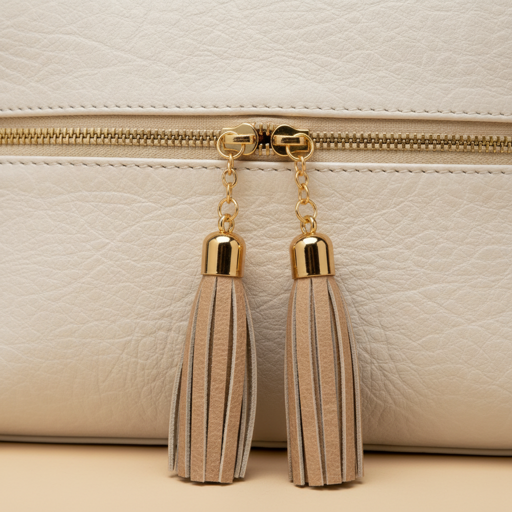 Macro dettaglio nappine dorate e zip - borsa Just Glamour ecopelle bianca