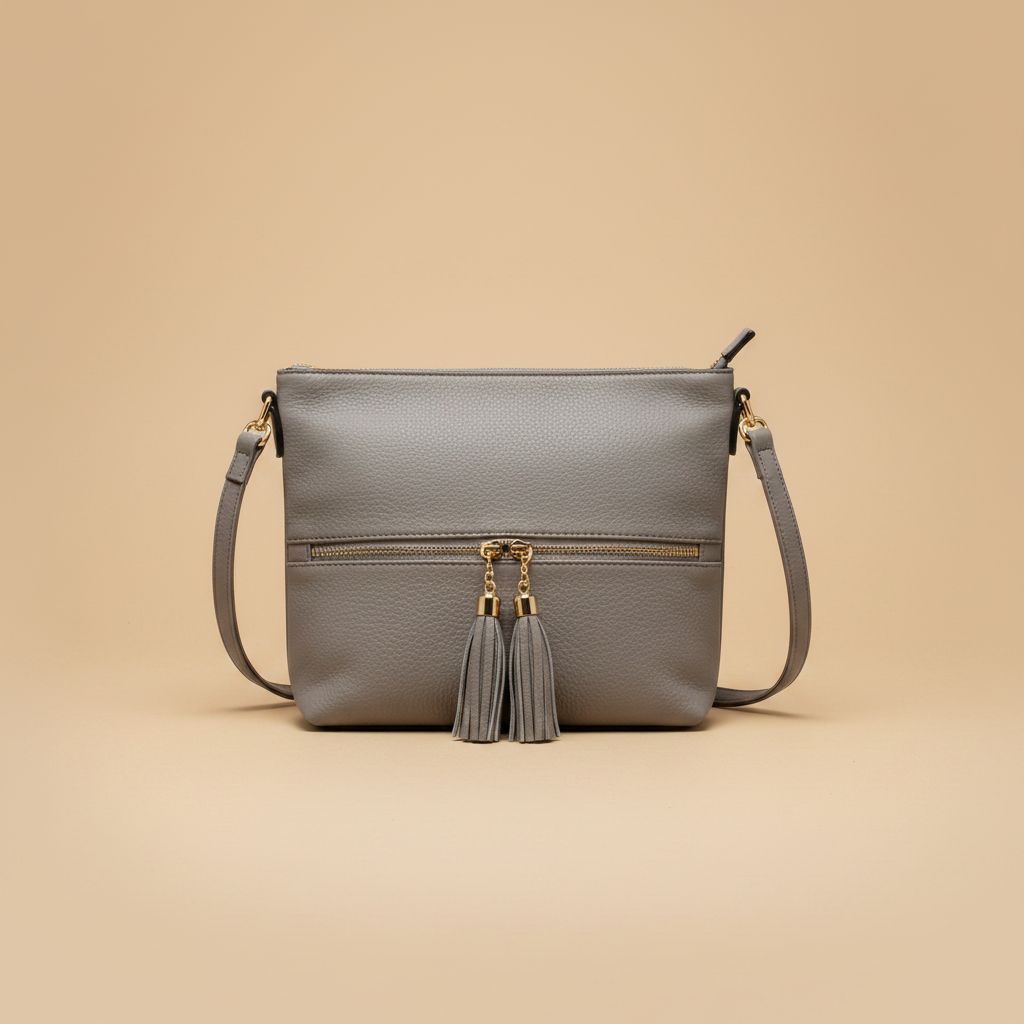 Borsa a Tracolla Just Glamour Ecopelle Grigia con Nappine Dorate su sfondo beige