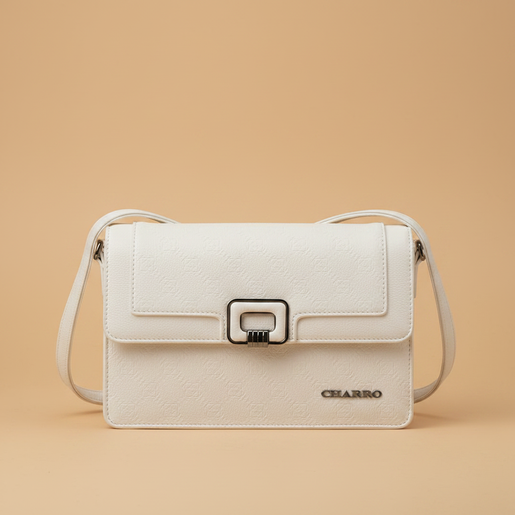 Borsa a Tracolla Charro Ecopelle Monogram Bianca su sfondo beige