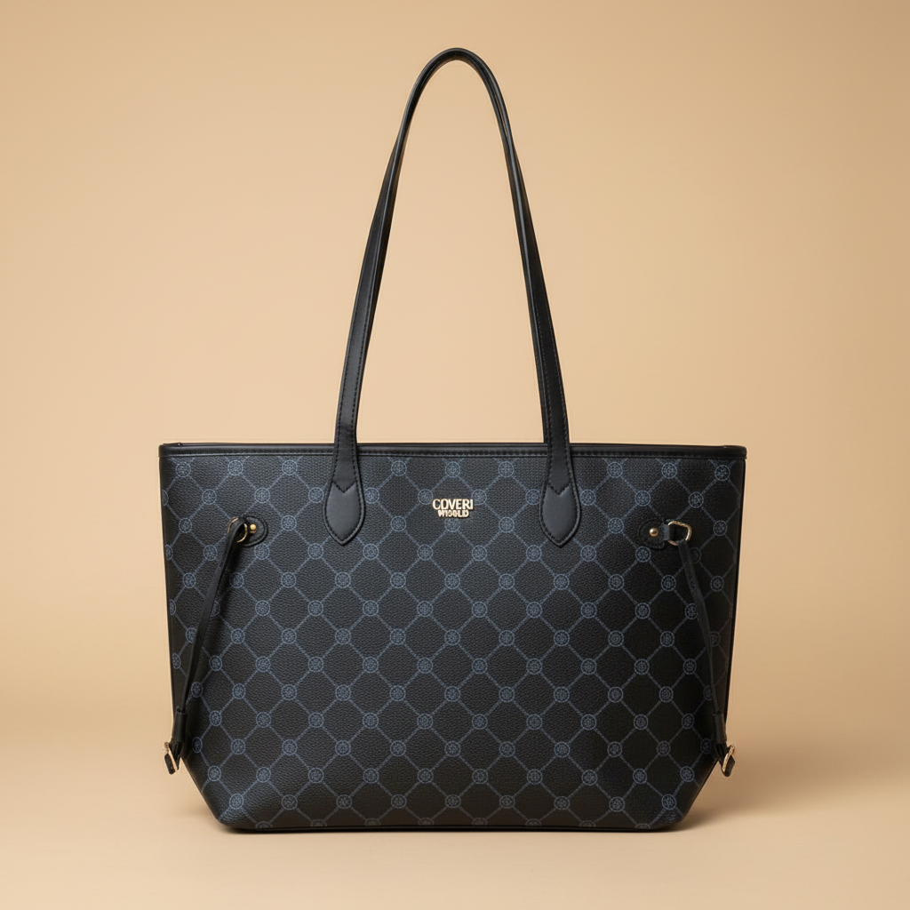 Coveri World tote bag blu navy vista frontale logo dorato