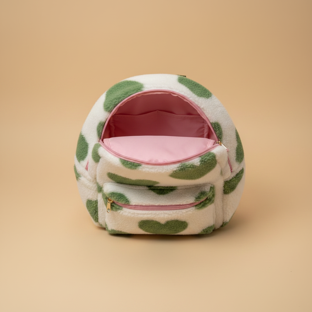 Zaino peluche floreale verde kawaii vista interna aperta