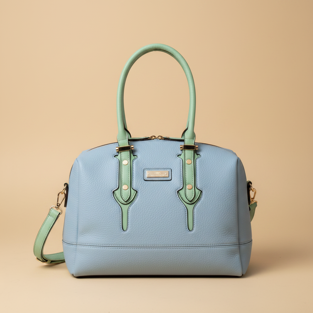 Borsa Bowling Charro Azzurra con Manici Verde Chiaro su sfondo beige