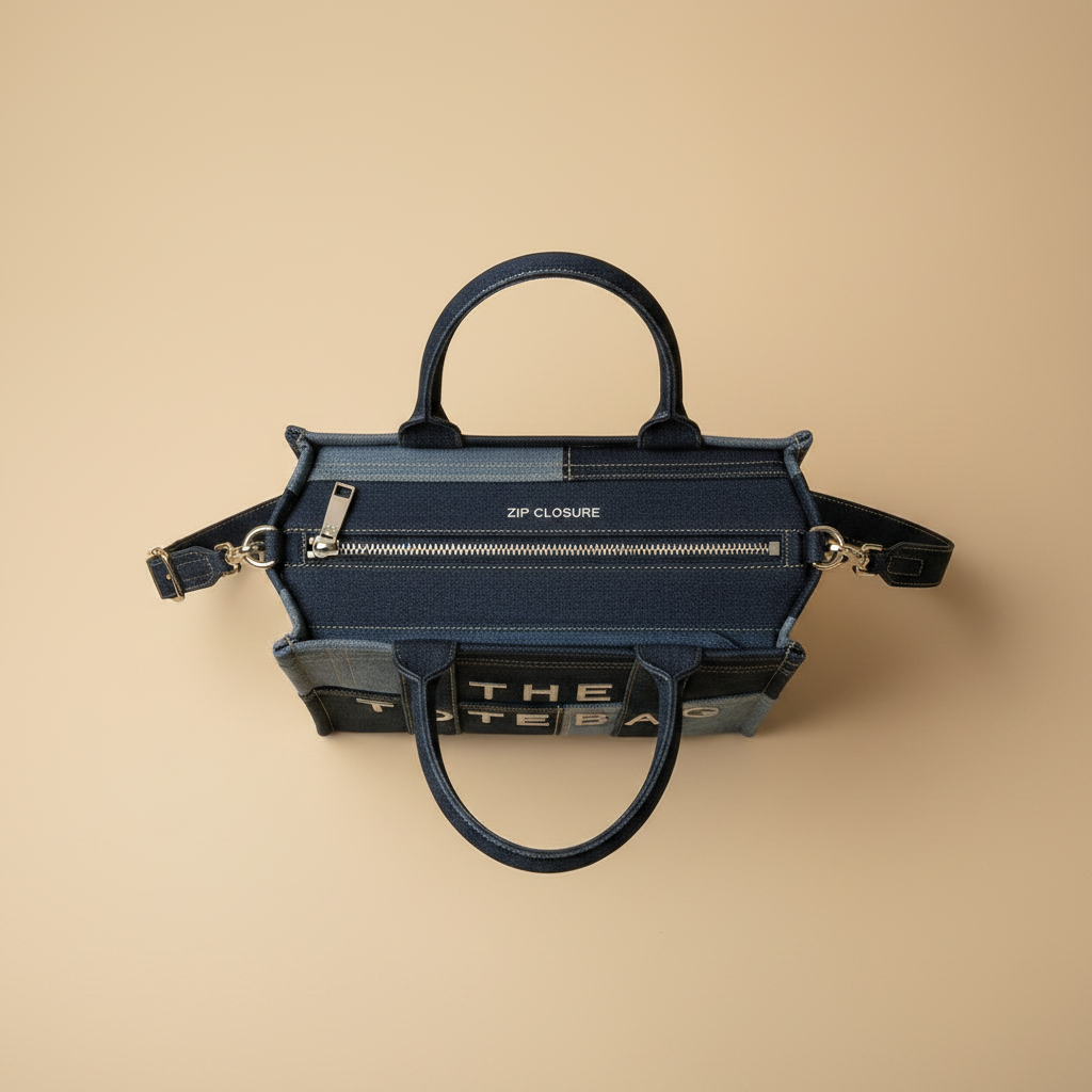 Vista zenitale dall'alto con cerniera - tote bag denim lettere in rilievo
