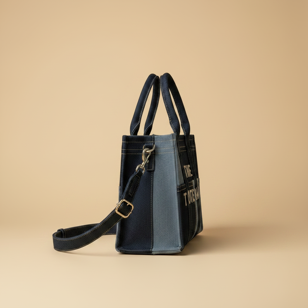Vista laterale profilo - tote bag denim lettere in rilievo