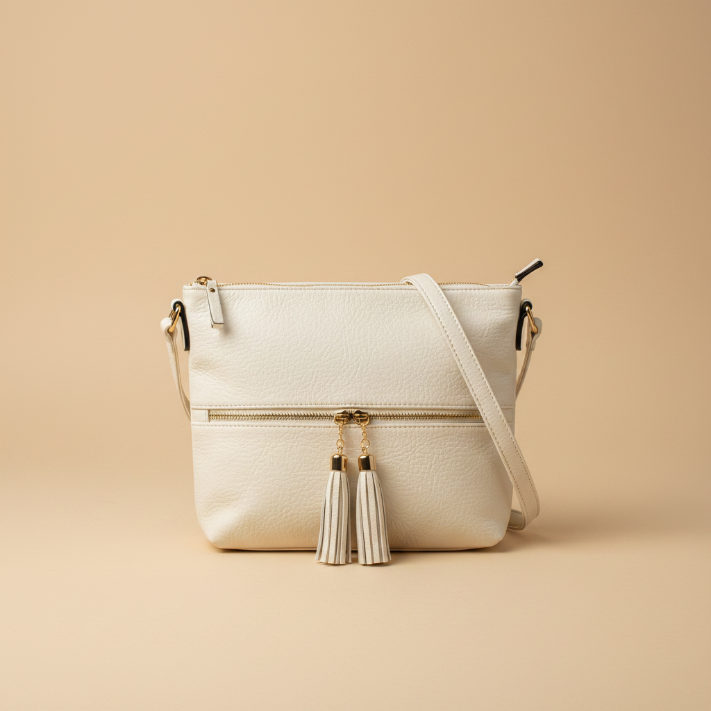 Borsa a Tracolla Just Glamour Ecopelle Bianca con Nappine Dorate su sfondo beige