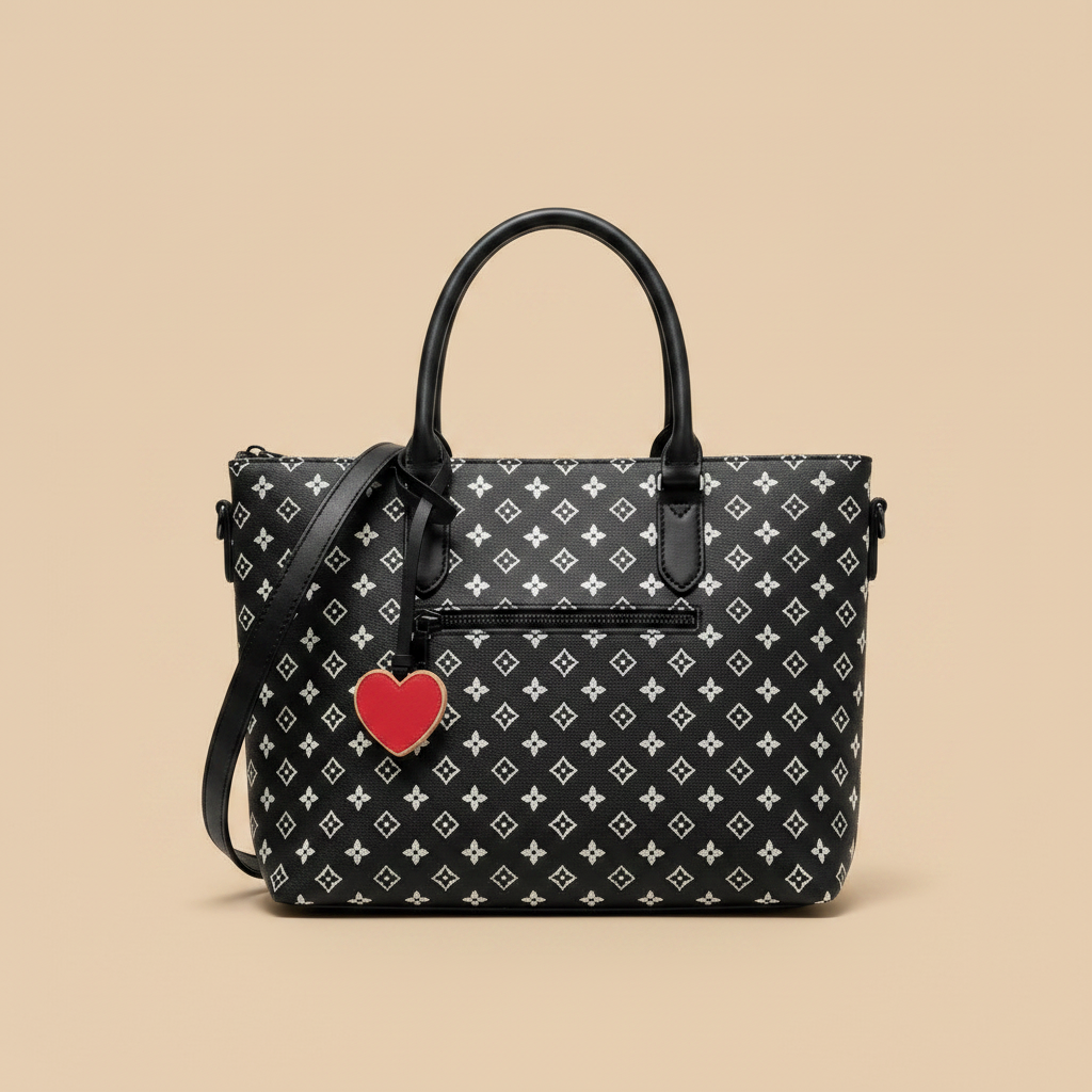 Borsa Nera Monogram con Ciondolo Cuore Rosso su sfondo beige